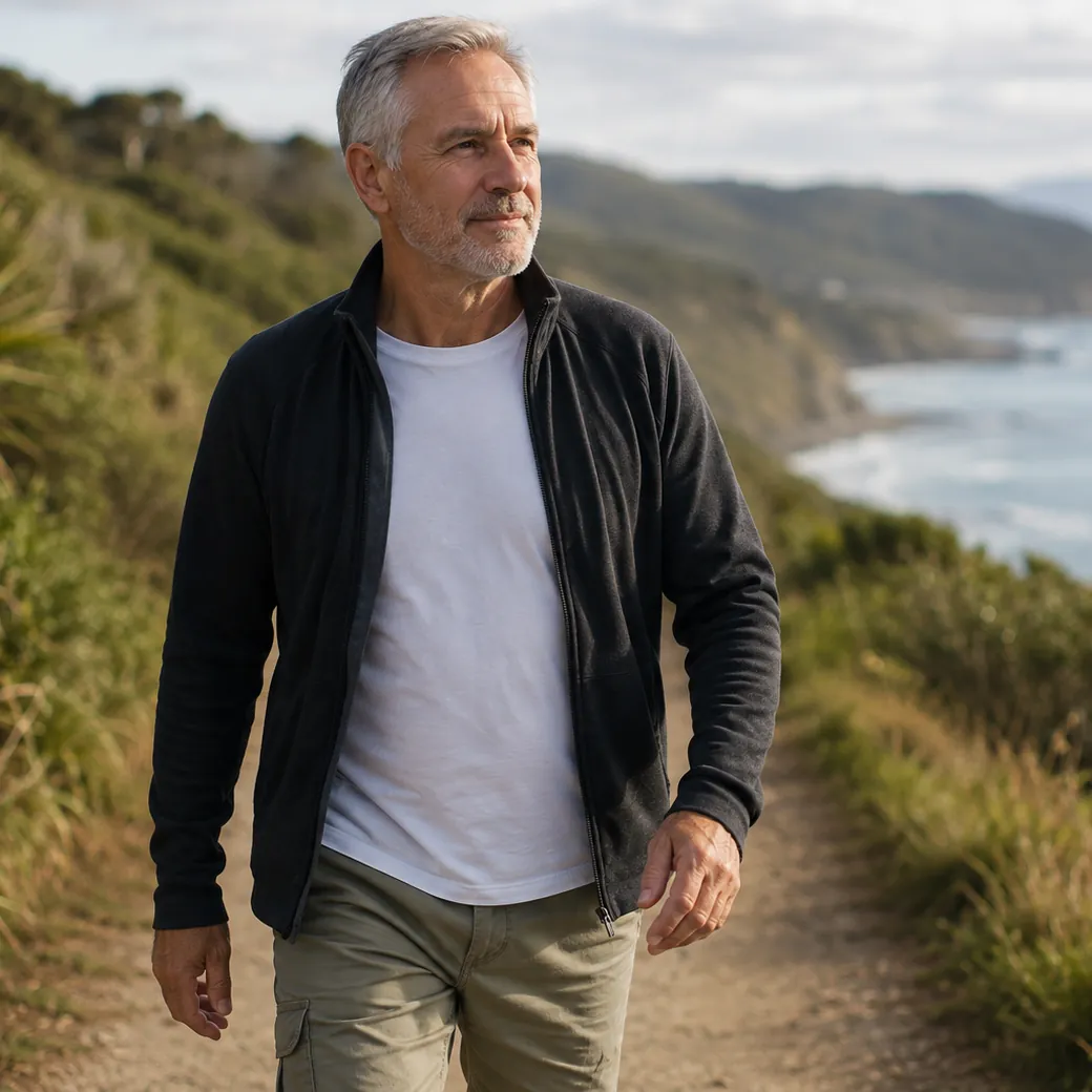 A man walking a clifftop track above the coast