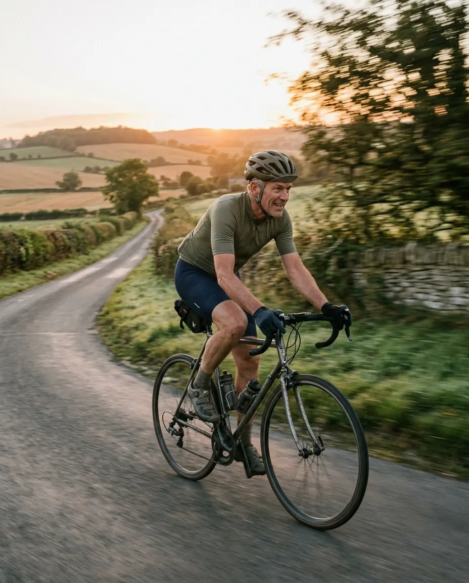 A man riding a road bike on a country lane at sunrise