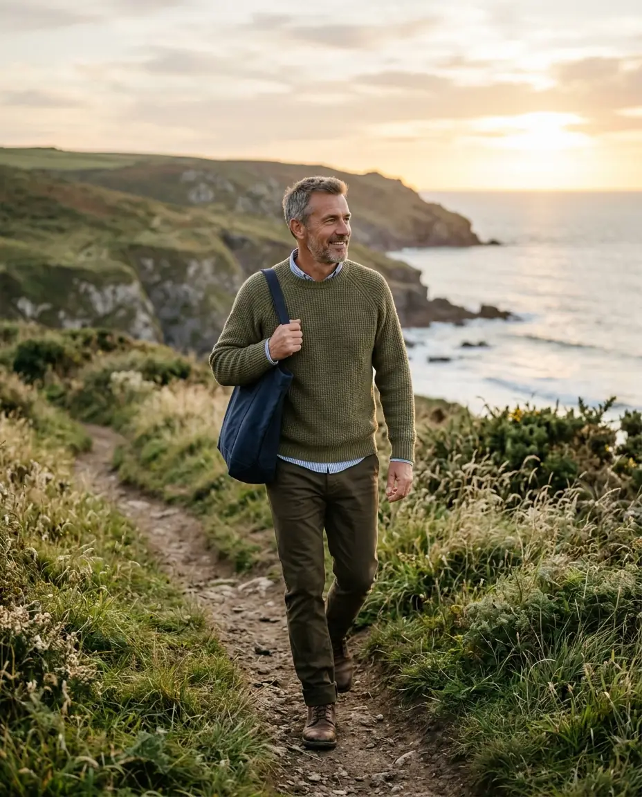 A man walking a coastal track, quietly confident