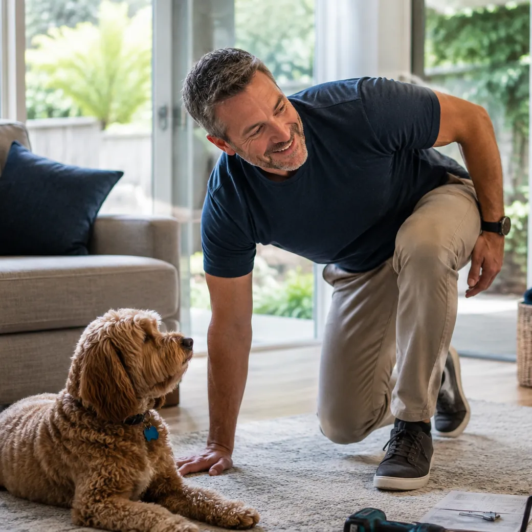 A man kneeling on the floor at home, at ease with his dog beside him