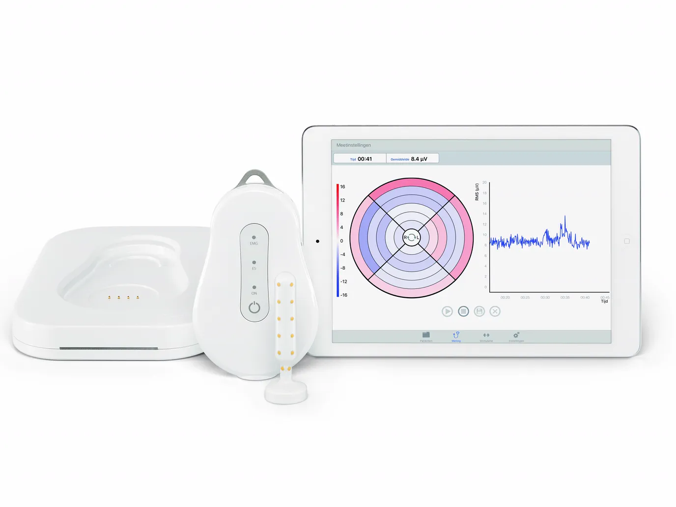 The MAPLe HD EMG system: charging base, wireless unit, multi-sensor probe and its tablet display showing regional muscle activity